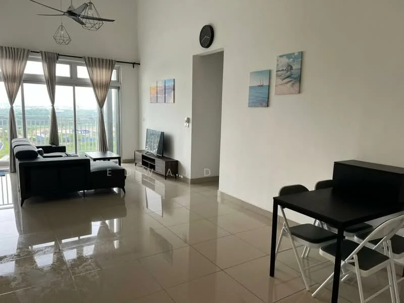 Living features: floor-to-ceiling windows, grey fabric sofa, black coffee table, white walls, cream tiled flooring, recessed downlights, decorative wall art, curtains, clock on wall; style: modern; view: city. Dining features: black dining table, white folding chairs; style: modern.