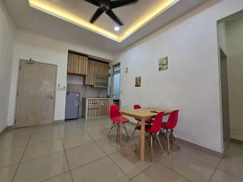 Dining features: 4-seater dining table, red plastic dining chairs, grey tiled flooring, white painted walls, ceiling fan with light, built-in kitchen cabinetry, stainless-steel fridge, kitchen countertop, open layout; style: modern. Kitchen features: built-in kitchen cabinetry, stainless-steel fridge, kitchen countertop; style: modern.