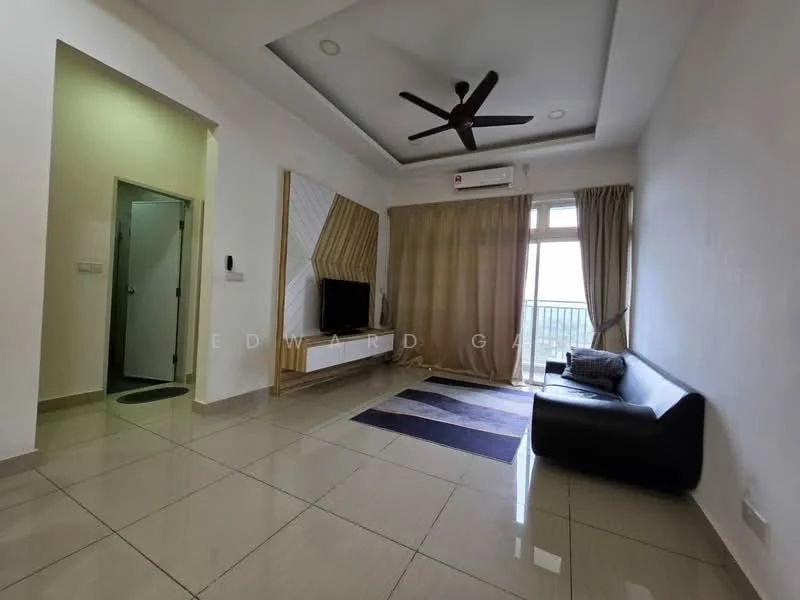 Living features: white painted walls, glossy ceramic tile flooring, 5-blade ceiling fan with light, recessed downlights, wall-mounted TV, TV console, black leather sofa, curtains, sliding glass door, area rug with geometric pattern, air conditioning unit; style: modern; view: city. Room features: doorway leading to bathroom, light switch.