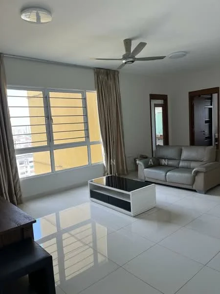 Living features: 3-seater fabric sofa in light grey, coffee table with white surface, floor-to-ceiling windows, curtains in beige, white tiled flooring, ceiling fan with light, wall-mounted mirror, built-in shelving unit, natural light from windows; style: modern; view: city.