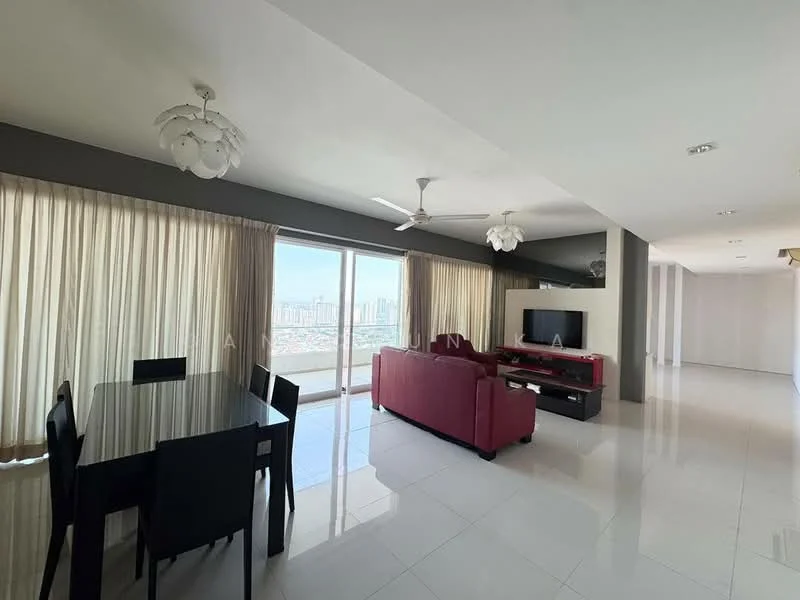 Living features: large floor-to-ceiling windows, sliding glass door, white walls, cream ceiling, 5-blade ceiling fan with light, recessed downlights, polished ceramic tile flooring, red fabric sofa, black TV console, wall-mounted TV, glass dining table, black dining chairs, sheer curtains; style: modern; view: city.