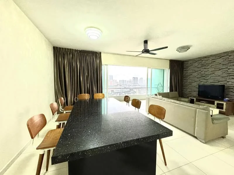 Living features: black granite countertop island, 8 wooden dining chairs, floor-to-ceiling windows, city skyline view, recessed ceiling lights, 5-blade ceiling fan, light grey sofa, TV console, stone accent wall, cream painted walls, white tiled flooring; style: modern.