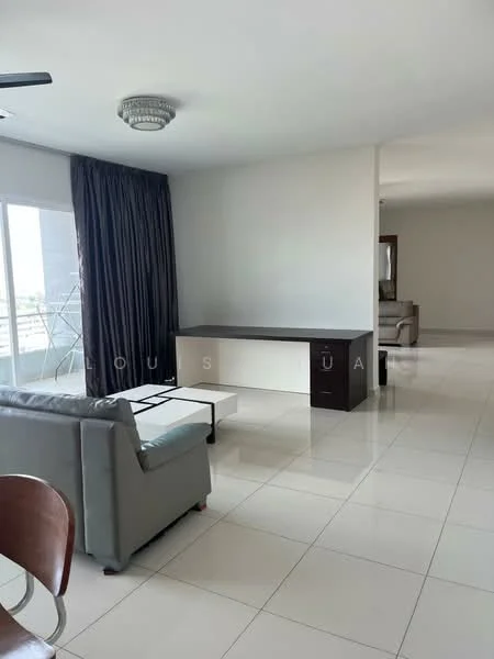 Living features: grey fabric sofa, coffee table, TV console, wall-mounted TV, large floor-to-ceiling windows, sheer curtains, chandelier, polished tile flooring, neutral painted walls, decorative mirror, area rug; style: modern; view: city.
