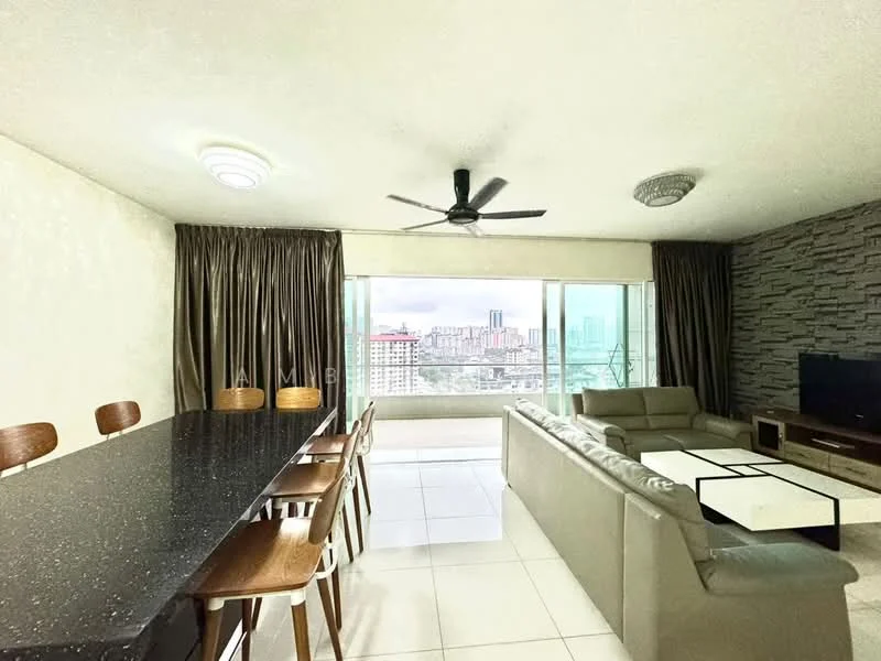 Living features: floor-to-ceiling windows, city view, 3-seater fabric sofa in light grey, 2-seater fabric sofa in light grey, coffee table with white top, TV console with built-in storage, wall-mounted TV, ceiling fan, recessed downlights, decorative stone wall, cream painted walls, white tiled flooring, dining table with black granite top, 8 wooden dining chairs; style: modern; view: city.