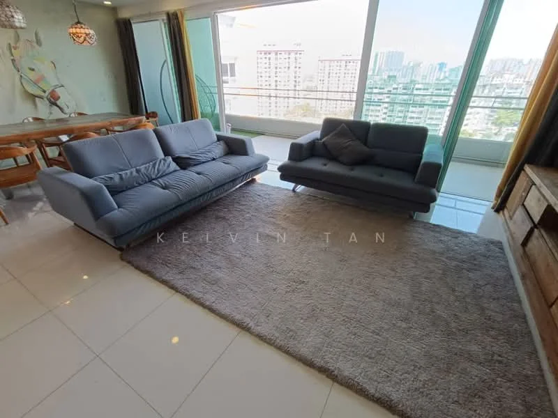 Living features: 2-seater fabric sofa in grey, 3-seater fabric sofa in grey, area rug with neutral color, floor-to-ceiling windows, city view, dining table with wooden finish, decorative wall art, light fixtures with pendant design, white tiled flooring, curtains in light fabric; style: modern; view: city.