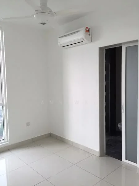 Room features: white painted walls, glossy ceramic tile flooring, 1 wall-mounted split AC, ceiling fan, floor-to-ceiling window, door leading to bathroom, neutral color scheme; style: modern; view: city.