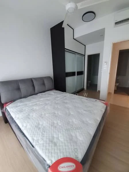 Bedroom features: queen-size bed with mattress protector, grey upholstered headboard, wooden flooring, white painted walls, ceiling fan, built-in wardrobe with sliding doors, recessed ceiling with light, window with natural light, doorway leading to bathroom, minimalist decor; style: modern.