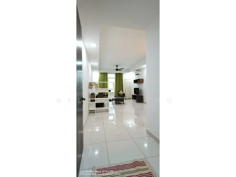 Living features: white painted walls, glossy ceramic tile flooring, 5-blade ceiling fan with light, floor-to-ceiling windows with green curtains, TV console, wall-mounted TV, shelving unit, decorative area rug with stripes, air conditioning unit; style: modern.