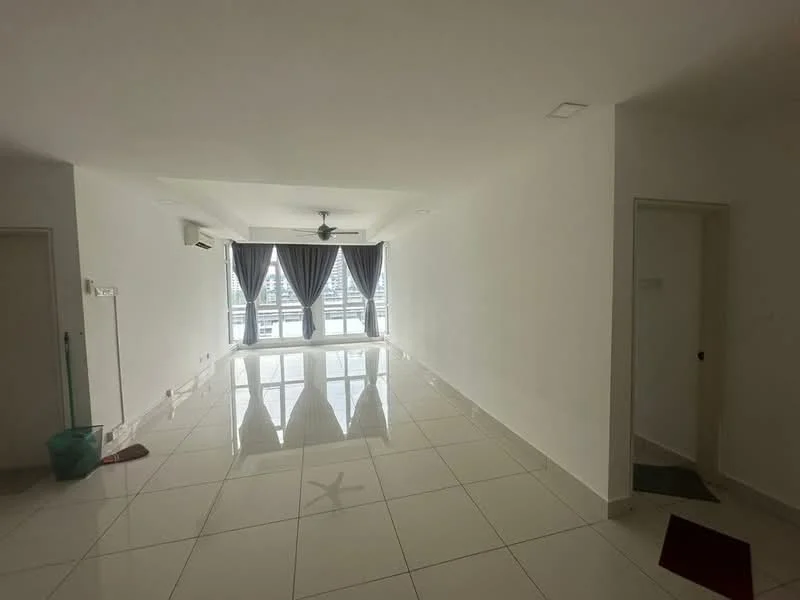 Living features: white painted walls, glossy white tile flooring, 5-blade ceiling fan, floor-to-ceiling windows, blackout curtains, air conditioning unit, sliding glass door, open layout; style: modern; view: city.
