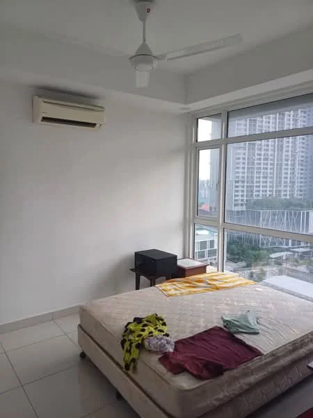 Bedroom features: white painted walls, tile flooring, 5-blade ceiling fan, 1 wall-mounted split AC, floor-to-ceiling windows, city view, queen-size bed, bedside table, bedding and clothing on bed; style: modern; view: city.