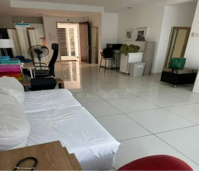 Living features: white walls, glossy white tile flooring, sofa bed, wooden side table, black office chair, desk with chair, floor fan, built-in wardrobe, framed artwork, sliding glass door, curtains, open layout; style: modern.