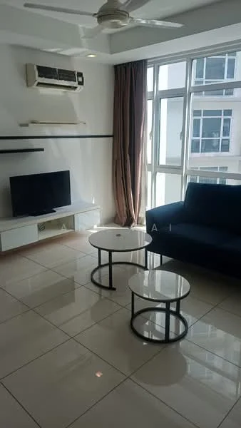 Living features: 3-seater fabric sofa in navy blue, 2 round coffee tables with white marble tops, wall-mounted TV, white TV console, floor-to-ceiling windows, curtains in brown, 1 wall-mounted split AC, glossy tiled flooring, ceiling fan with light, shelf mounted on wall; style: modern.