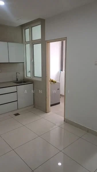Kitchen features: white cabinetry, stainless-steel sink, chrome pull-down faucet, grey countertop, ceramic tile flooring, wall-mounted window, built-in refrigerator, open layout; style: modern. Room features: white painted walls, tile flooring, doorway leading to another room.