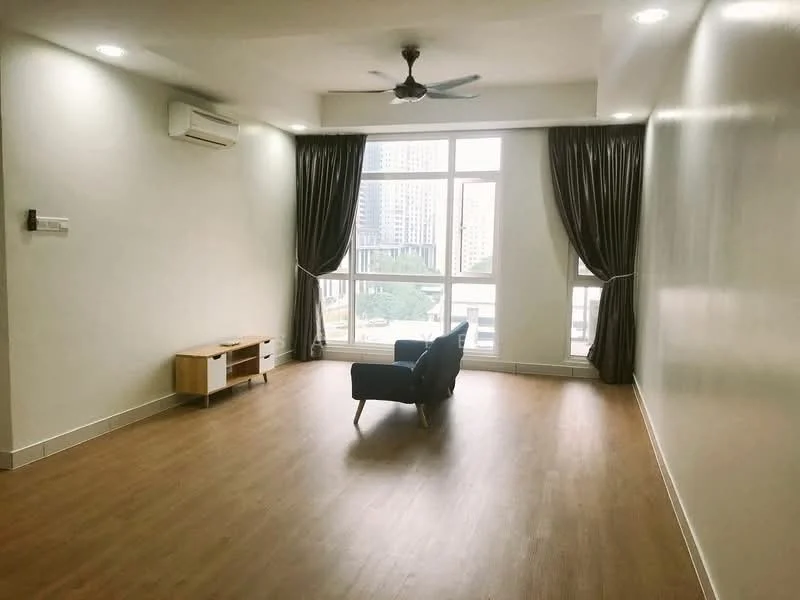 Living features: light wood laminate flooring, white painted walls, 5-blade ceiling fan with light, floor-to-ceiling windows, sheer curtains, dark grey curtains, wooden TV console, single blue armchair; style: modern; view: city.