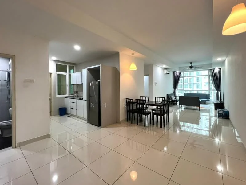 Kitchen features: white cabinetry, stainless-steel fridge, ceramic tile flooring, recessed downlights, single-bowl stainless-steel sink, chrome pull-down faucet, white quartz countertop; style: modern. Living features: 3-seater fabric sofa in grey, 4-seater dining table, black dining chairs, ceiling fan, large windows with sheer curtains, polished tile flooring, wall-mounted TV, area rug; style: modern. Bathroom features: white tiled walls, ceramic tile flooring, single-sink vanity with wood cabinet, chrome basin mixer, one-piece toilet, shower with glass enclosure; style: modern.