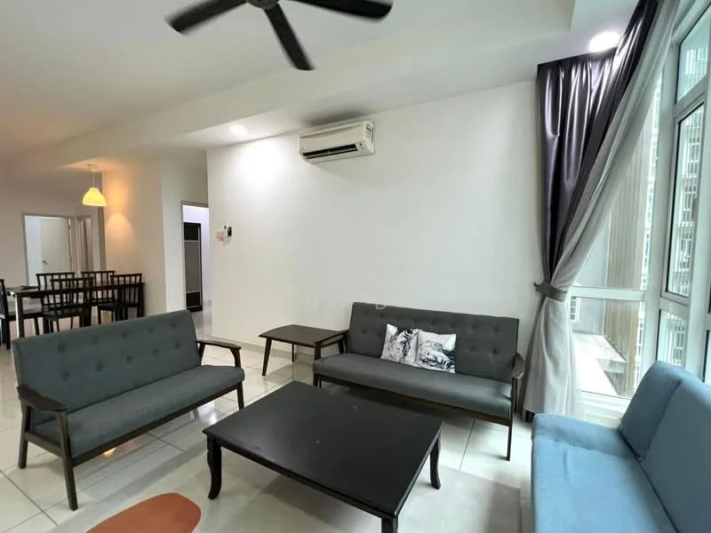Living features: 3-seater fabric sofa in blue, 2-seater fabric sofa in blue, 2 armchairs in grey, black coffee table, white tiled flooring, wall-mounted split AC, floor-to-ceiling windows, sheer curtains, recessed downlights, ceiling fan, decorative cushion with pattern, area rug with orange accent; style: modern; view: city.