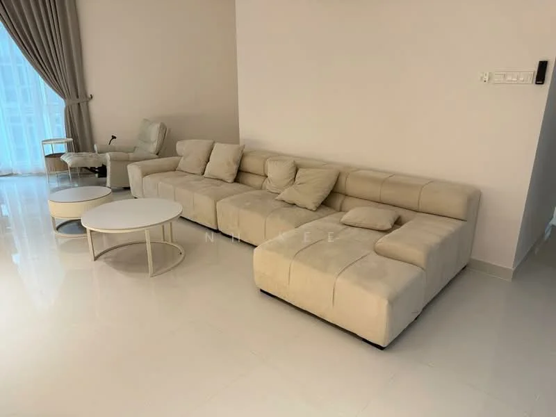 Living features: L-shape sectional sofa in beige fabric, two round coffee tables with white tops, light-colored tiled flooring, floor-to-ceiling windows with sheer curtains, neutral painted walls, decorative cushions on sofa, armchair in the corner, recessed lighting; style: modern.