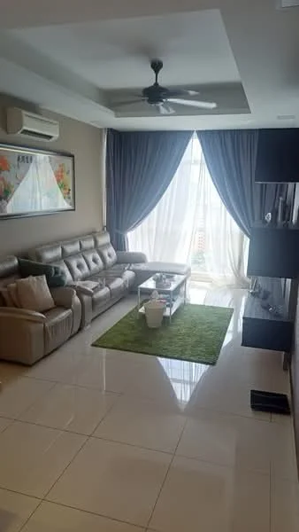 Living features: 3-seater leather sofa in beige, coffee table, area rug in green, wall-mounted TV, TV console, floor-to-ceiling windows, sheer curtains, blackout curtains, 5-blade ceiling fan with light, recessed downlights, cream painted walls, glossy tile flooring; style: modern; view: city.