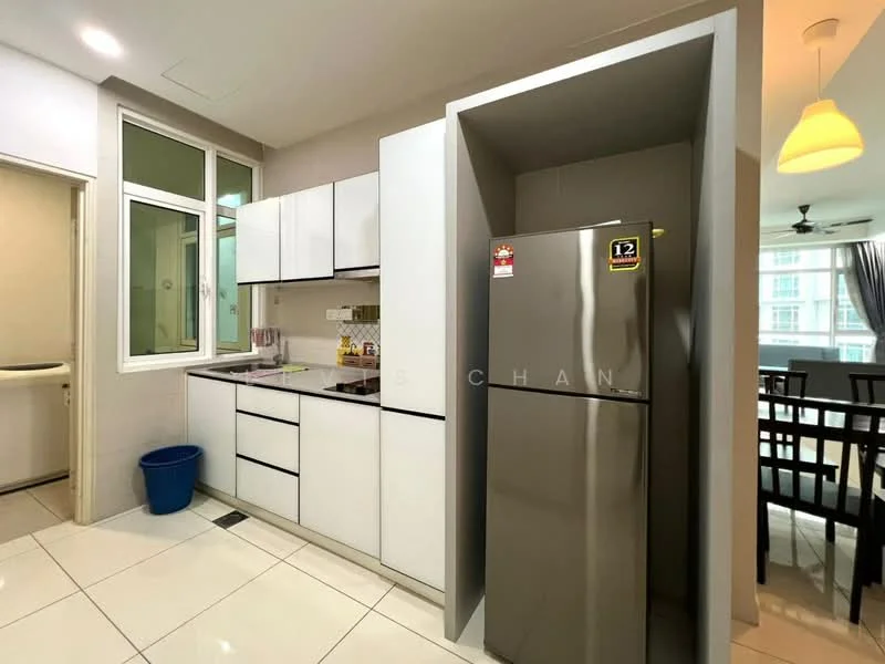 Kitchen features: white cabinetry, stainless-steel fridge, ceramic tile flooring, white countertop, single-bowl stainless-steel sink, chrome pull-down faucet, built-in stove, window with view, open shelving, kitchen appliances, recessed lighting; style: modern.
