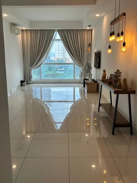 Living features: large floor-to-ceiling windows, sheer curtains, white painted walls, polished ceramic tile flooring, recessed downlights, hanging pendant lights, wooden console table, decorative items on console table, air conditioning unit, city view; style: modern; view: city.
