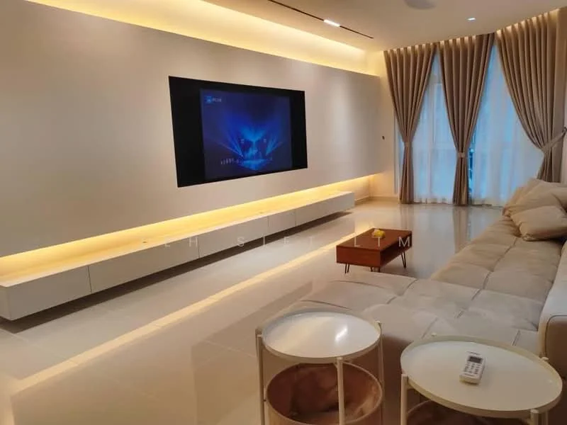 Living features: light beige fabric sofa, white coffee table with glass top, built-in wall-mounted TV unit, recessed LED lighting, cream painted walls, floor-to-ceiling windows with sheer curtains, glossy tile flooring, decorative wall paneling, LED strip lighting, remote control on coffee table; style: modern.