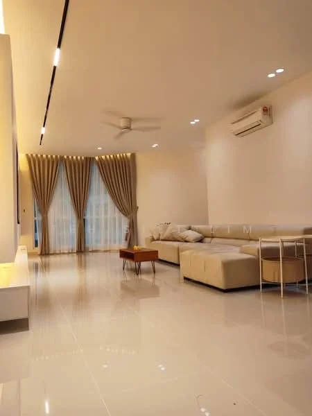 Living features: cream leather sectional sofa, wooden coffee table, 2 metal side tables, white painted walls, glossy white tile flooring, 5-blade ceiling fan, recessed LED downlights, floor-to-ceiling windows with sheer curtains, air conditioning unit; style: modern.