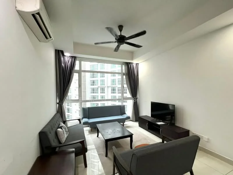 Living features: 5-blade ceiling fan with light, floor-to-ceiling windows, grey fabric sofa, blue fabric sofa, wood coffee table, TV console, wall-mounted TV, cream wall paint, white ceiling, light-colored tile flooring, curtains in dark grey; style: modern; view: city.