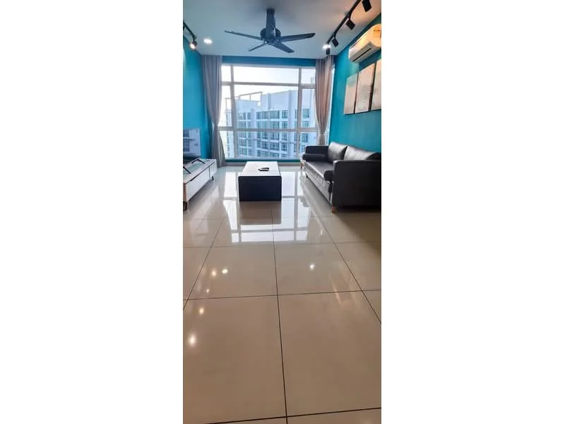 Living features: blue painted walls, white ceiling, polished ceramic tile flooring, 5-blade ceiling fan, floor-to-ceiling windows, curtains, 2-seater leather sofa in grey, coffee table, TV console, wall-mounted TV, air conditioning unit; style: modern; view: city.