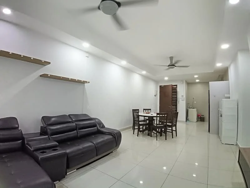 Living features: 3-seater leather sofa in black, coffee table, dining table with 4 chairs, white painted walls, glossy ceramic tile flooring, recessed LED downlights, ceiling fan, open shelving, air conditioning unit, wall-mounted TV, white refrigerator, utility area visible; style: modern.