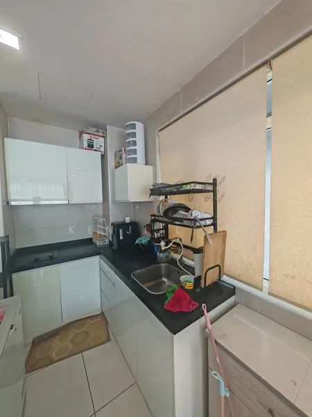Kitchen features: white cabinetry, black countertop, single-bowl stainless-steel sink, chrome pull-down faucet, ceramic tile flooring, window with roller blinds, open shelving, kitchen utensils on rack, dish drying rack, kitchen mat; style: modern.