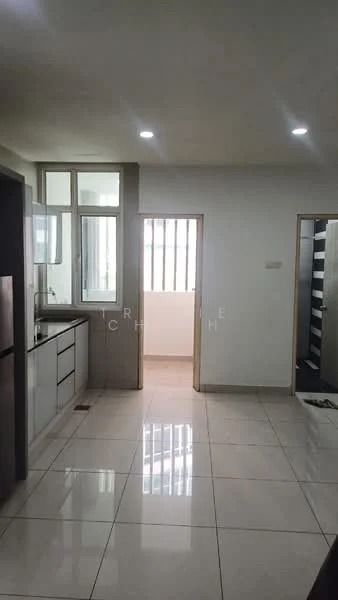 Kitchen features: white cabinetry, stainless-steel fridge, built-in oven, ceramic tile flooring, white walls, recessed LED downlights, single-bowl stainless-steel sink, chrome pull-down faucet, window with vertical blinds; style: modern. Room features: white walls, ceramic tile flooring, doorway leading to another room.