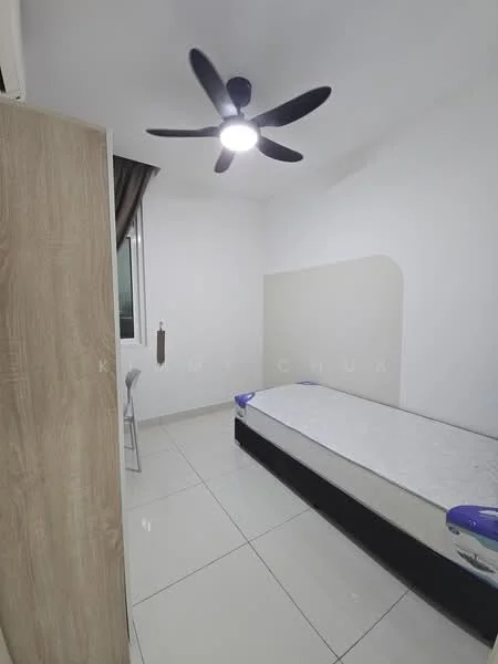 Bedroom features: white painted walls, glossy tile flooring, 5-blade ceiling fan with light, single bed frame, window with sheer curtains, built-in wardrobe, empty mattress, chair; style: modern.