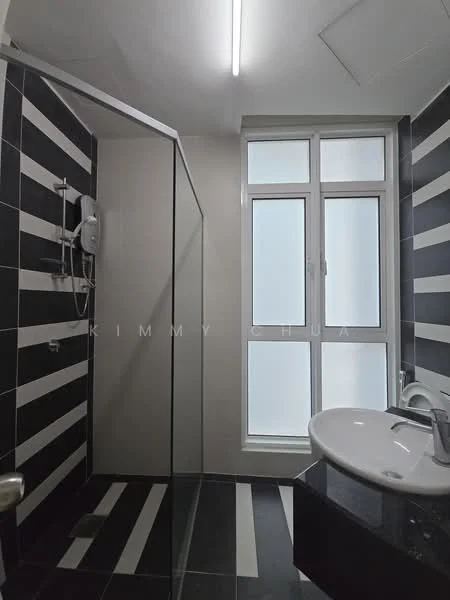 Bathroom features: glass shower enclosure, rain shower head, handheld shower, single-sink vanity with black countertop, white basin, chrome basin mixer, black and white striped wall tiles, black and white striped floor tiles, window with clear glass, LED ceiling light; style: modern.