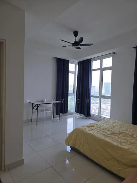Bedroom features: king-size bed with yellow bedding, floor-to-ceiling windows, blackout curtains, white painted walls, polished tile flooring, ceiling fan, study desk, chair; style: modern; view: city.