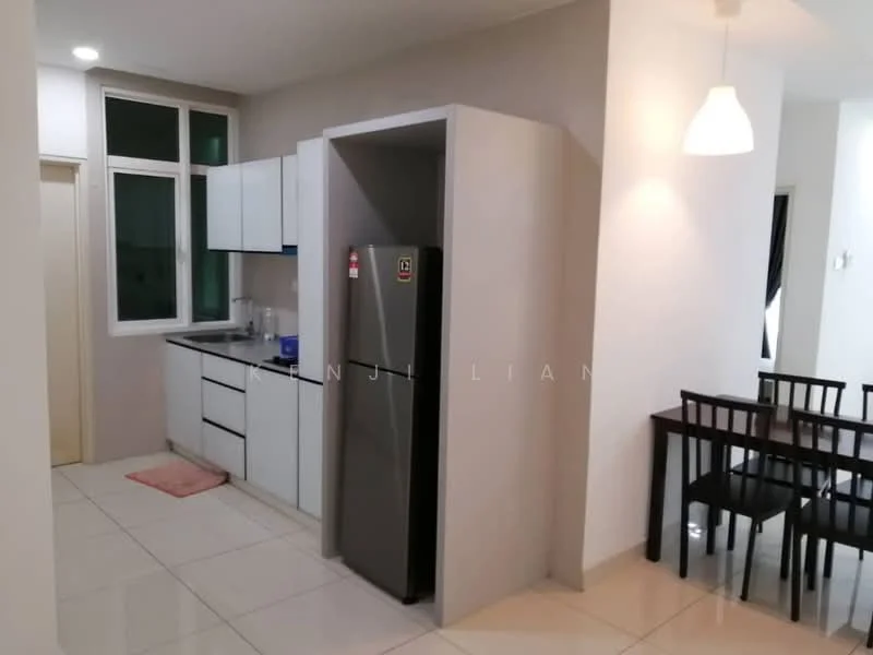 Kitchen features: white cabinetry, black countertop, stainless-steel fridge, single-bowl stainless-steel sink, chrome pull-down faucet, ceramic tile flooring, wall-mounted window, recessed downlights, dining table with black chairs; style: modern.