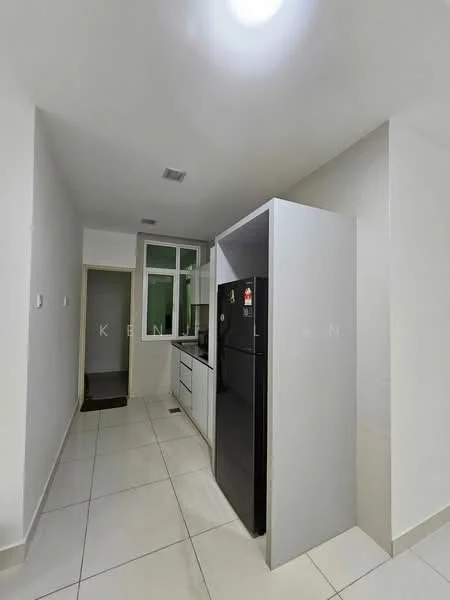 Kitchen features: white cabinetry, black refrigerator, ceramic tile flooring, white walls, single-bowl stainless-steel sink, chrome pull-down faucet, countertop with backsplash, window for natural light, built-in oven, freestanding range oven; style: modern.