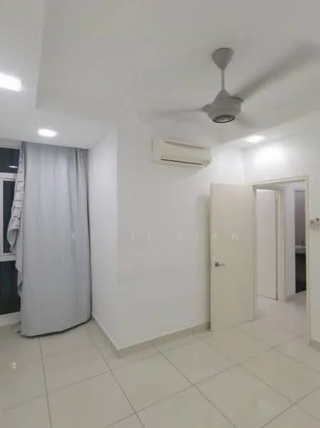 Room features: white painted walls, tile flooring, 5-blade ceiling fan with light, wall-mounted split AC, curtain, door, light fixtures; style: modern.