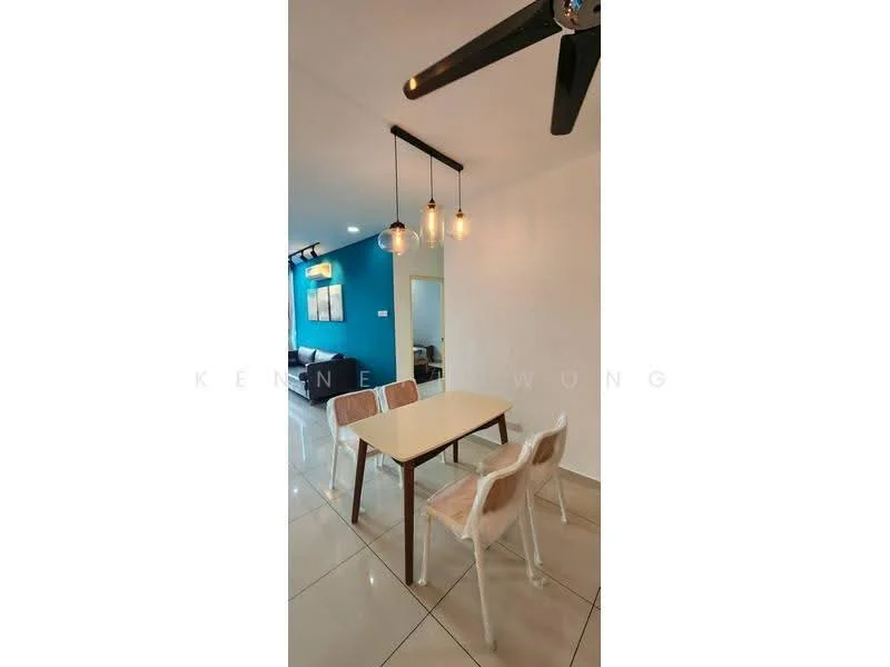 Dining features: 4-seater dining table, white table with wooden legs, transparent plastic dining chairs, pendant lighting with exposed bulbs, cream tiled flooring, blue accent wall, white painted walls, recessed ceiling lights, ceiling fan; style: modern.