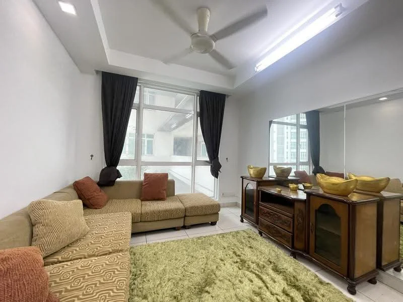 Living features: L-shape sectional sofa in beige, decorative cushions in orange, area rug in green, wooden sideboard, large mirror, floor-to-ceiling windows, curtains in dark grey, ceiling fan, recessed lighting, white painted walls, tile flooring; style: modern.