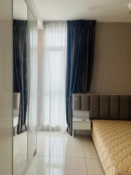 Bedroom features: queen-size bed, upholstered headboard, floor-to-ceiling mirror wardrobe, white bedside table, cream curtains, sheer curtains, grey painted walls, glossy tile flooring, ceiling fan; style: modern.