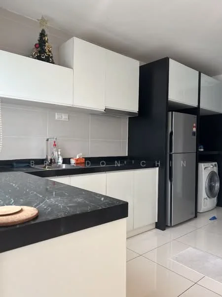 Kitchen features: black granite countertop, white flat-panel cabinets, stainless-steel fridge, built-in washing machine, grey tiled backsplash, white ceramic tile flooring, under-cabinet lighting, decorative Christmas tree on top of cabinets; style: modern.