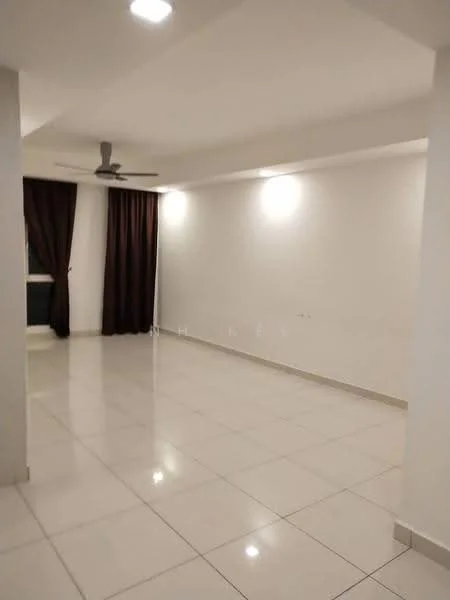 Living features: white painted walls, glossy ceramic tile flooring, recessed downlights, 5-blade ceiling fan, floor-to-ceiling windows with dark curtains; style: modern.