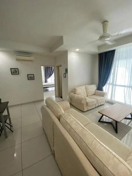 Living features: 2-seater fabric sofa in cream, 3-seater fabric sofa in cream, wooden coffee table, floor-to-ceiling windows, sheer curtains, dark blue curtains, wall-mounted split AC, recessed downlights, white painted walls, glossy tile flooring, decorative wall art, ceiling fan; style: modern.
