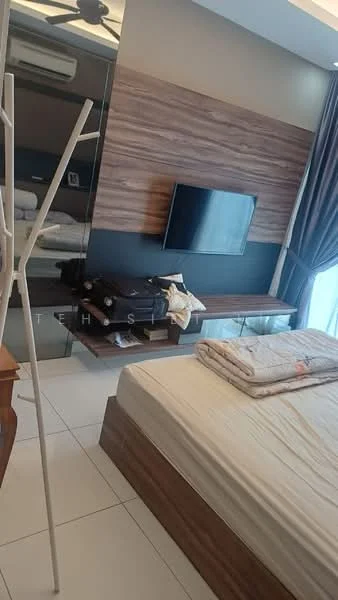 Bedroom features: queen-size bed, wooden bed frame, white bedding, wall-mounted TV, wood accent wall, glass side table, built-in wardrobe with mirror, sliding window with curtains, ceiling fan, white tiled flooring; style: modern.