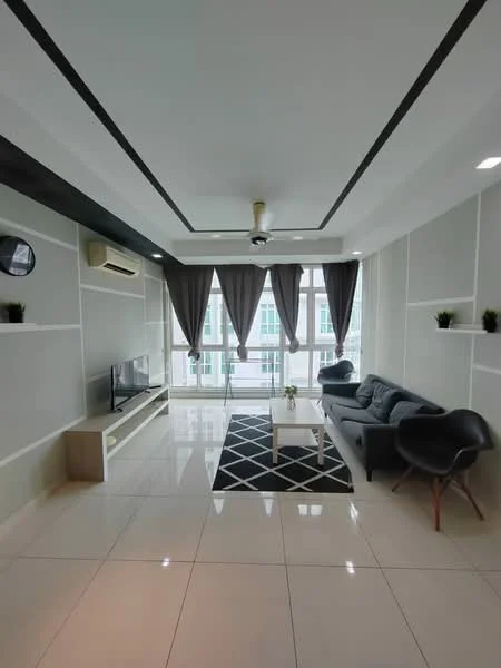 Living features: grey fabric sofa, white coffee table, black and white area rug, wall-mounted TV, floating TV console, 5-blade ceiling fan with light, floor-to-ceiling windows, sheer curtains, decorative plants on shelves, white tiled flooring, recessed lighting, accent wall with dark ceiling; style: modern; view: city.