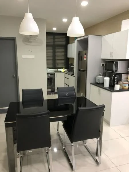Kitchen features: black glass dining table, 4 black leather dining chairs, white pendant lights, white cabinetry, grey countertop, stainless-steel fridge, built-in microwave, built-in oven, washing machine, double-bowl stainless-steel sink, chrome pull-down faucet, ceramic tile flooring, window with blinds, recessed downlights; style: modern.