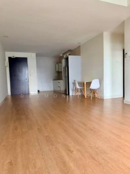 Living features: laminate wood flooring, white painted walls, recessed downlights, floor-to-ceiling windows, dining table with 2 chairs, stainless-steel fridge, kitchen cabinetry, open layout; style: modern.