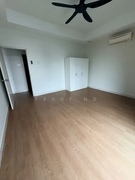 Bedroom features: laminate flooring, white painted walls, 5-blade ceiling fan, wall-mounted air conditioning unit, built-in wardrobe with sliding doors, window with natural light, neutral color scheme, no visible furniture; style: modern.