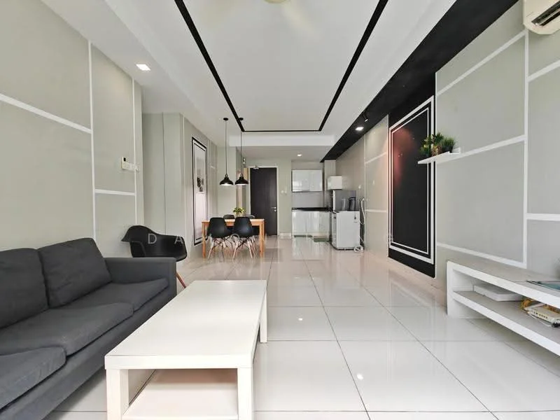Living features: grey fabric sofa, white coffee table, white tiled flooring, black accent wall, recessed ceiling lights, ceiling fan, wall-mounted shelf, decorative plants, open layout to dining area, large windows, neutral wall color with white trim; style: modern. Dining features: 4-seater dining table, black dining chairs, white cabinetry in background, refrigerator, kitchen area visible, open layout to living area; style: modern.