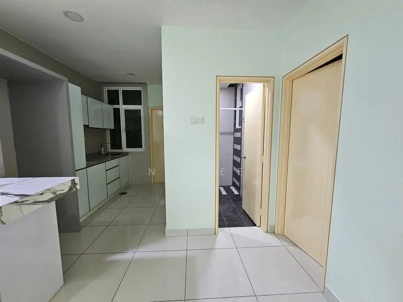 Kitchen features: light green painted walls, white cabinetry, marble countertop, stainless-steel sink, built-in oven, ceramic tile flooring, recessed downlights, open layout to living area; style: modern. Room features: white painted walls, light grey flooring, doorway leading to another room.